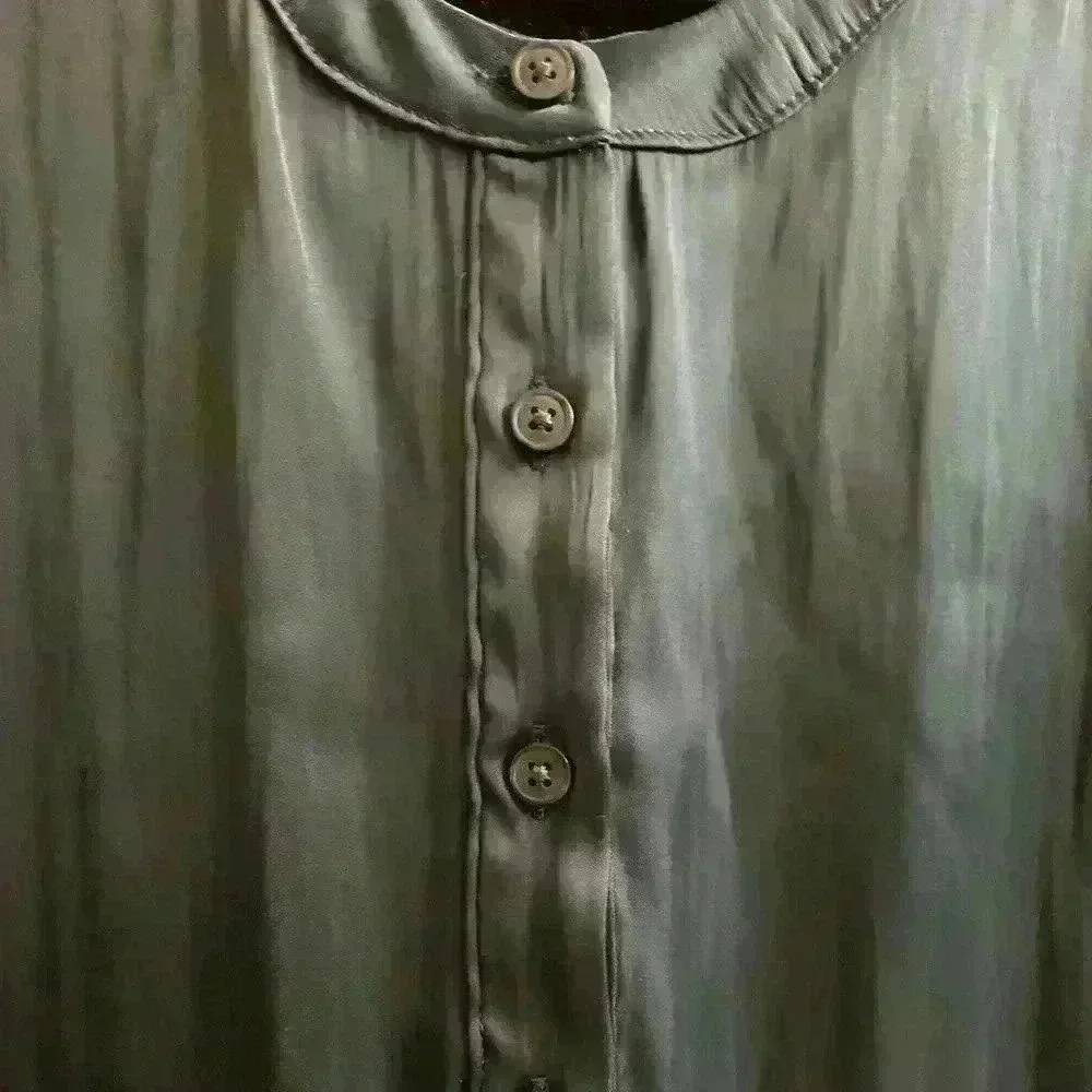 Old Navy Satin Feel Half Button Short Sleeve Forest Green Bluish Blouse Size XL - Picture 5 of 7
